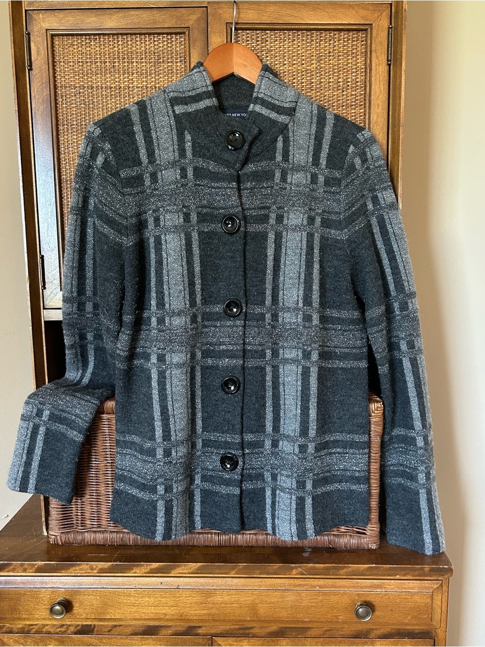 Jones New York Charcoal and Light Gray Metallic Silver Plaid Button-Up Peacoat
